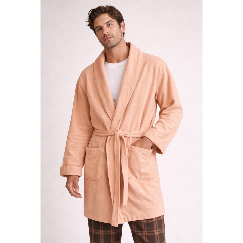 LL Bean VTG Mens Robe Peach Apricot Cotton Blend Heavy Flannel Belted M L